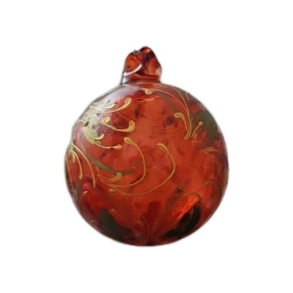 Hand Blown Art Glass Ball Orb 3" Red Ornament Sun Catcher Gold Painted - Picture 1 of 16
